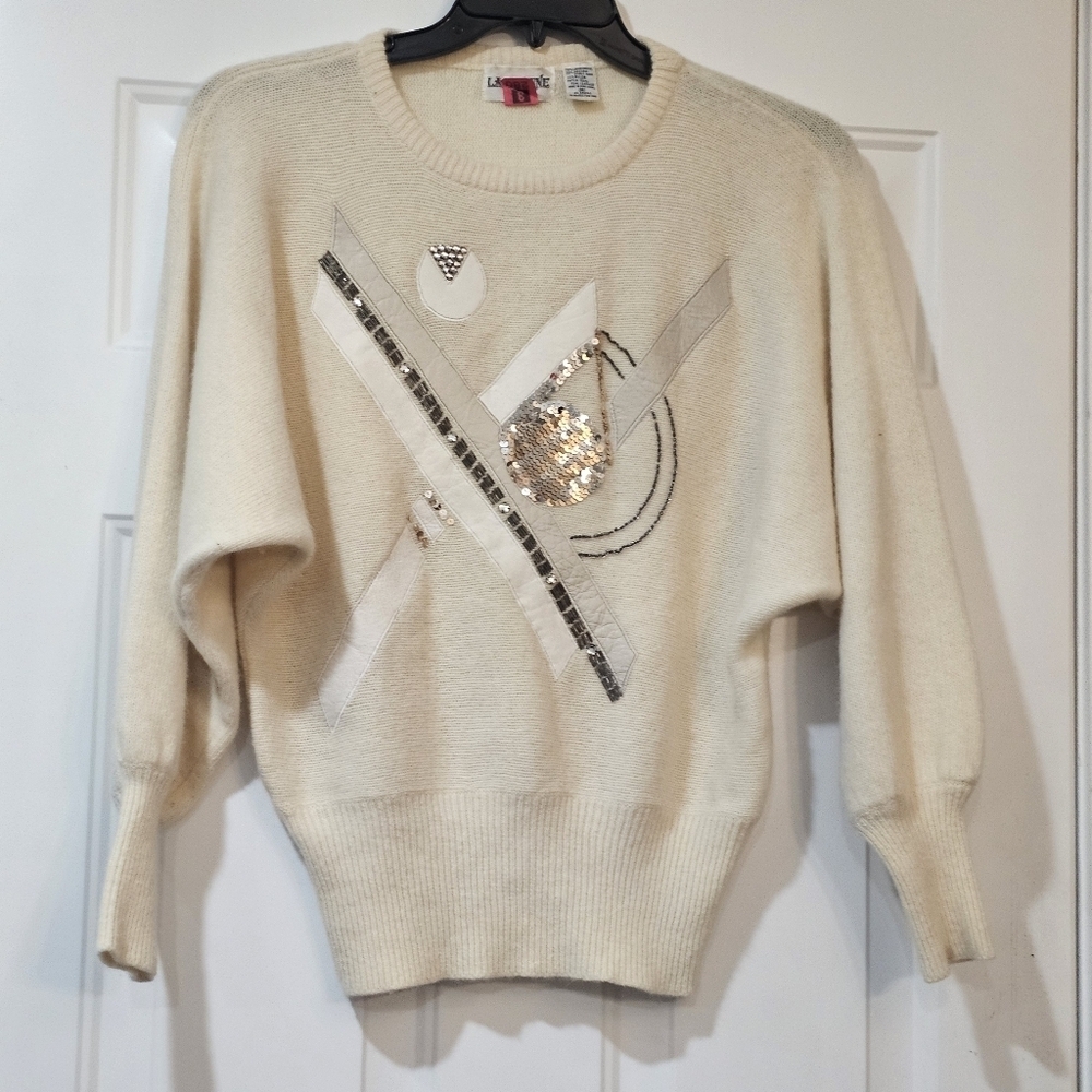 La JoAnne Vintage Sweater Lambswool 70% Blend Real Leather Size Medium